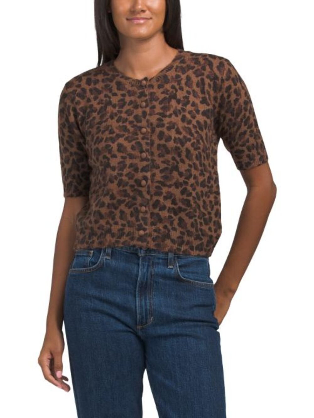 NICOLE MILLER NEW YORK Short Sleeve Crew Neck Animal Print Faux Fur Cardigan